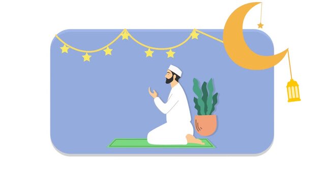 Animated 2D flat vector of a Muslim man praying on a prayer mat during Ramadan with crescent moon and lantern