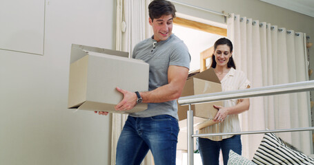 Walking, happy and couple with boxes in new home for moving to property, apartment and house....