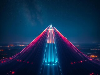 Obraz premium Silken night drapes a luminous pyramid, a solitary beacon piercing the star-dusted dark from heavens' gaze, Pyramid, high angle