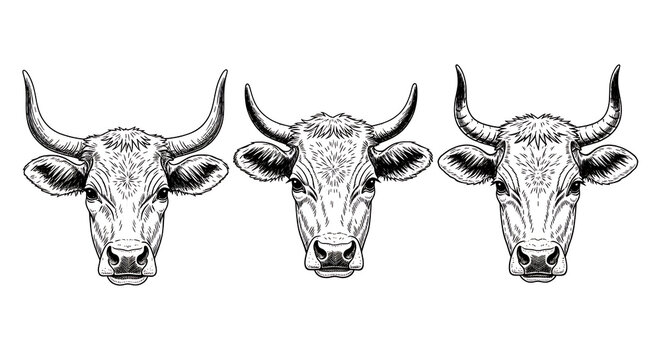 Three bull heads with horns facing forward in a simple illustration.