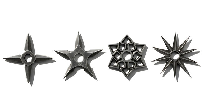 A row of four different metal throwing stars on a white background.