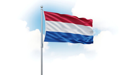 Fototapeta premium The dutch flag waving in the sky with clouds and blue background.