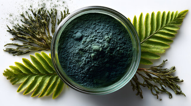 Green chlorella  spirulina algae seaweed powder with chlorella spirulina seaweed sample set beside. Natural plant-baed protein and anti-oxidant source, Superfood, scientific, healthy lifestyle, detox 