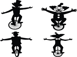 Black circus clown silhouettes riding unicycles isolated on white background for carnival and festival design projects © Moksedul