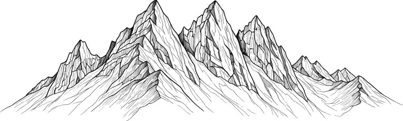 Mountain range illustration, jagged peaks drawing, rugged terrain artwork, natural geography vector, outdoor adventure design, wilderness sketch elements © Roisul