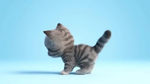 Adorable 3D rendered tabby kitten with large curious eyes, playfully prancing sideways against a soft blue backdrop, capturing innocent childhood wonder.