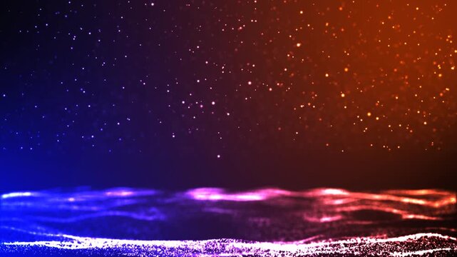 Motion particles abstract background with shining stars dust bokeh glitter awards dust. Futuristic glittering fly movement flickering loop in space on colorful background