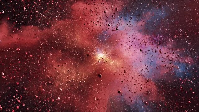 Abstract cosmic scene with red nebulae and embedded fragments and specks of light