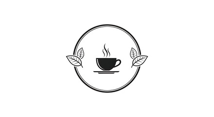 A simple black and white illustration of a steaming coffee cup surrounded by leaves.