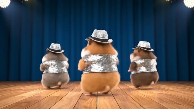 Three dapper, sequined hamster performers in fedoras dance joyfully on a polished wooden stage under spotlights in a theatrical setting.