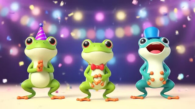 Three joyful cartoon frogs in party hats and bowties, dancing and celebrating amidst bokeh lights and confetti, creating a festive and whimsical atmosphere.