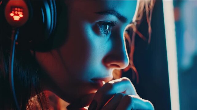 A young woman concentrates on a digital screen, perhaps strategizing for an online game.