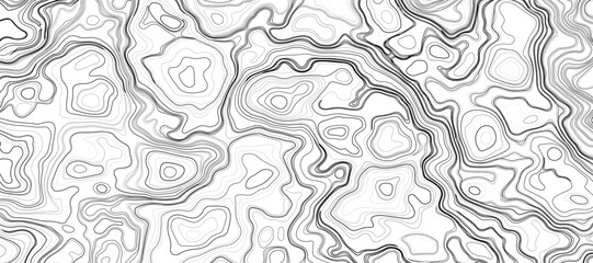 Fototapeta premium Abstract Monochrome Topographic Map with Intricate Contour Lines – Seamless Black and White Vector Illustration, Modern Geometric Terrain Pattern, Digital Cartography Inspired Technology Texture.