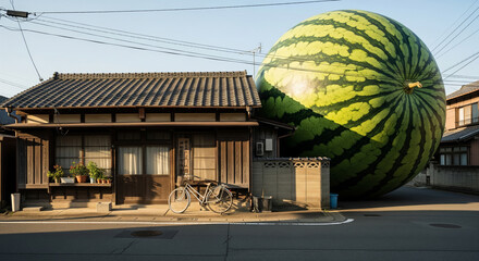 日本の古い町並みに突如出現した、民家よりも巨大な超現実的スイカ
