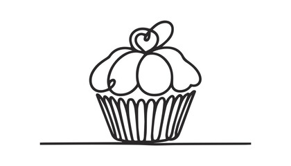 One continuous line illustration of an cupcake, isolated on white background.