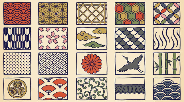 A collection of traditional Japanese patterns and motifs displayed in a grid of squares, showcasing diverse cultural artistry.