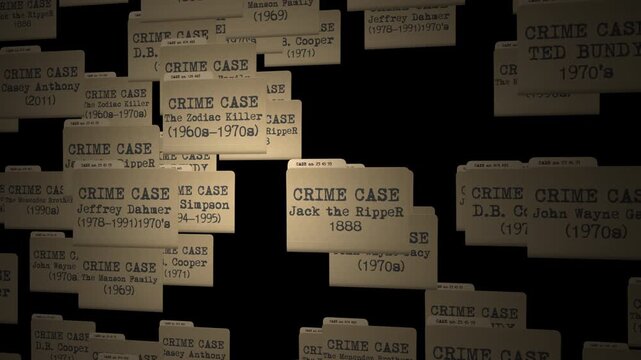 Sliding graphics of infamous criminal profiles with photos and text. Low-key lighting for documentary, podcast, or mystery genre content.