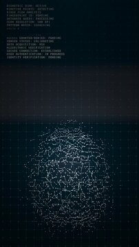 Digital plexus fingerprint forming on a grid background with scrolling data text. Vertical 9:16 layout for cybersecurity and tech concepts.