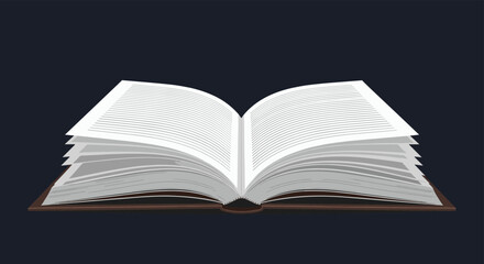 Obraz premium Wide open book with white pages and a dark brown cover shown from a low perspective on a solid dark grey background.