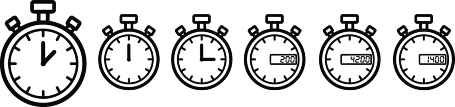 Set of six and stopwatch showing different time measurements and a running timer clock digital display