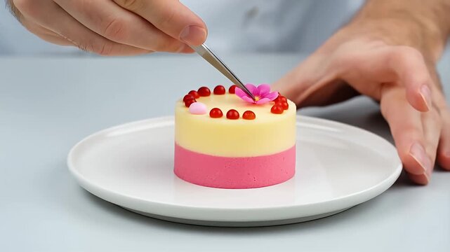 Garnishing a layered dessert with small red spheres and a pink flower dessert cake pastry decorating, garnish.