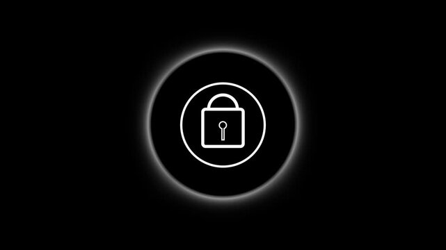 Animated White padlock icon inside a glowing white circle on a black background security protection