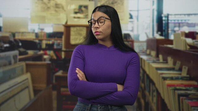 Woman wearing purple sweater and glasses crossing arms with visible face in library amid wooden shelves; rejection.