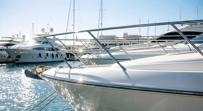 Luxury white motor yachts and powerboats docked at a sunny marina outdoors during a bright summer day, showcasing nautical wealth and elite lifestyle in a peaceful harbor.