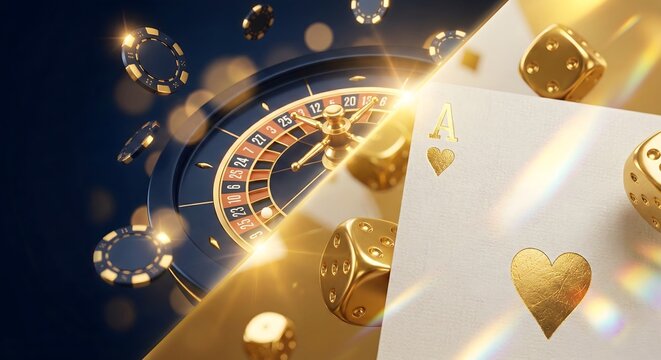 Luxury online casino gambling concept background with golden dice, roulette wheel, and playing cards in an abstract dark blue layout featuring high-stakes gaming elements and glowing light.