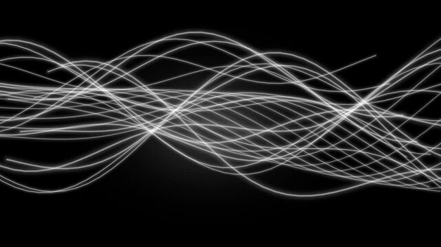 White, light, and dark gray ribbons of varying thickness and opacity swirl and intertwine across a black background, creating a dynamic, flowing abstract pattern.