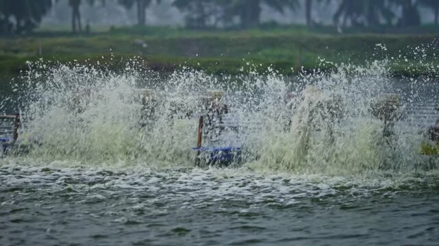Paddle Wheel Aerator Splashing Water in Shrimp Farm Pond. day time, handheld shot, stable shot, 4k.