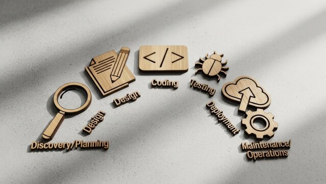 Wooden tokens representing various aspects of computer programming and web development