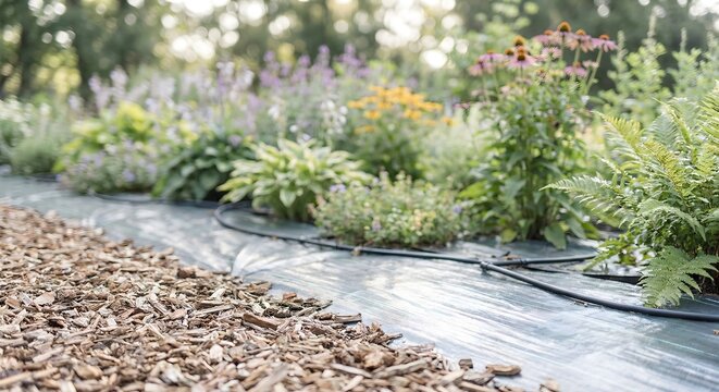 Landscaping project showing drip irrigation system installation over weed barrier with wood mulch border and various ornamental plants in a sunny outdoor garden during the daytime.