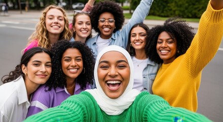 Fototapeta premium Diverse group of women smiling joyfully together outdoors during a sunny day