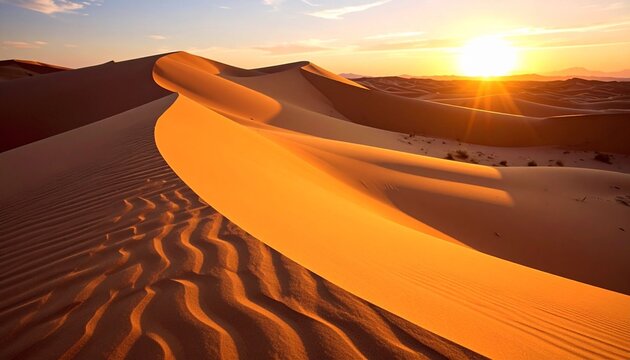 Golden sunset light glows over the arid orange sand dunes of the Sahara landscape during a hot travel adventure in the dry Morocco desert