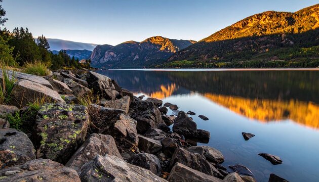 A breathtaking panorama of autumn mountains and golden forest trees reflects perfectly in the calm water of a Scottish loch beneath a sunset sky