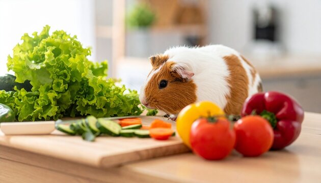 An adorable domestic brown and white guinea pig sits inside a small pot with fresh vegetables, a cute furry rodent pet and isolated mammal cavy eating healthy food