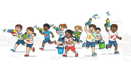 Fototapeta premium Joyful Kids Chasing With Water Pichkaris