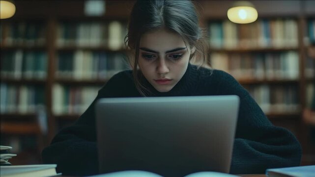 Student studying late at night with laptop and books.