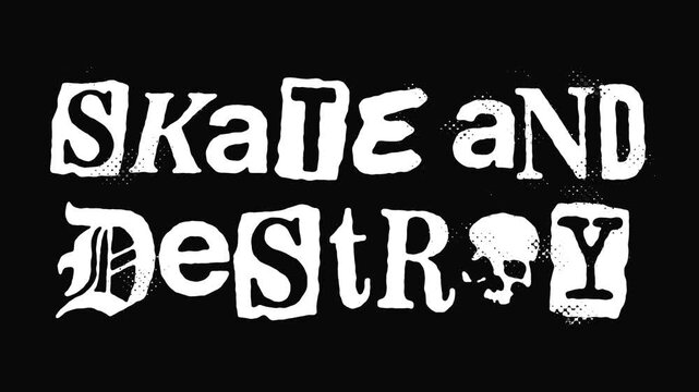 Stop motion text "Punk Skate And Destroy" with Ransom punk typography style suitable for use on flyers, posters and music banners. Transparent background. 4K resolution
