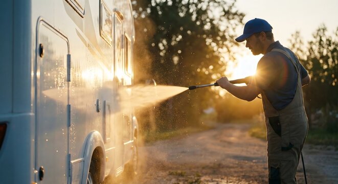 Adult white man in a blue cap power washing a white camper van outdoors during golden hour sunset, professional RV cleaning and maintenance service concept, bright sun flare lighting.