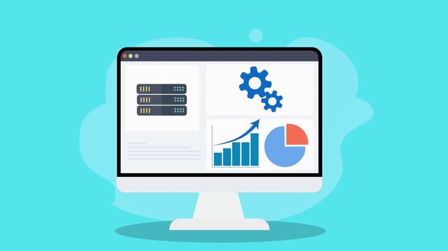 Animated flat vector illustration of an AI analytics dashboard on a desktop monitor with database interface, data charts, and modern UI elements representing automation and digital analytics technolog