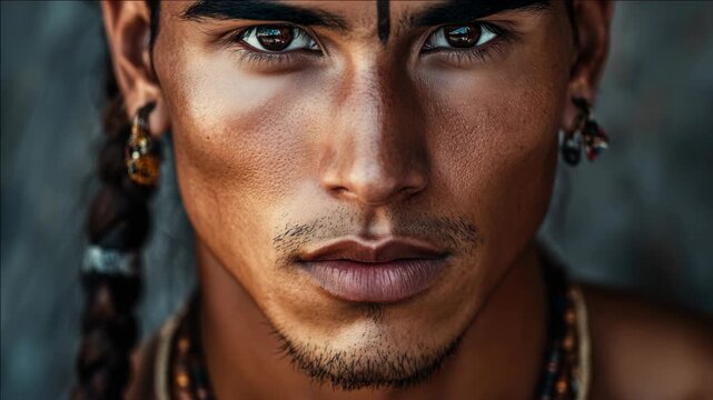 Portrait of a man with facial markings and tribal jewelry, set against a rough textured background