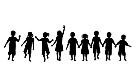 Diverse group of children silhouettes playing and holding hands a vector illustration symbolizing childhood friendship and community isolated on white