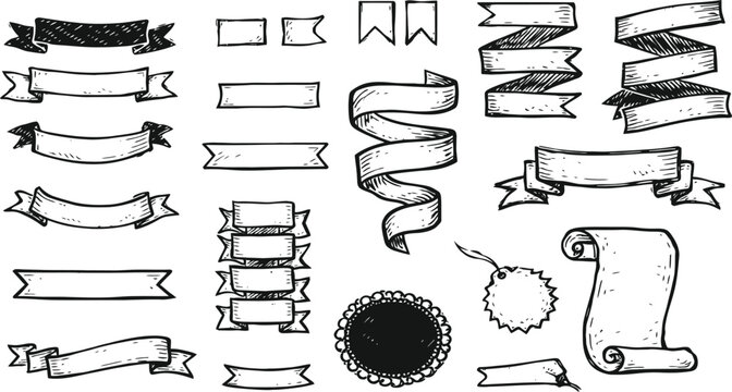 Ribbon banner line art vector set, vintage scroll label illustration collection isolated on white background design