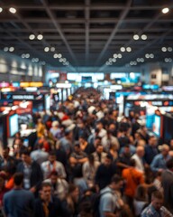 Obraz premium Large crowd attending busy trade show exhibition hall with motion blur, business networking, conference activity and event industry concept