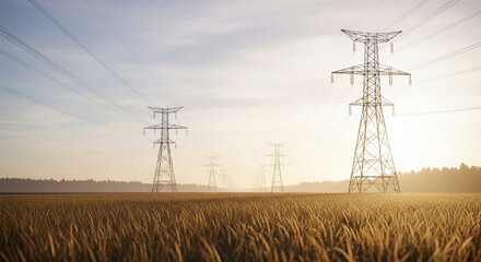 Fototapeta na wymiar High Voltage Power Lines and Electricity Pylons in Rural Field at Sunset for Energy Industry and Infrastructure Concepts