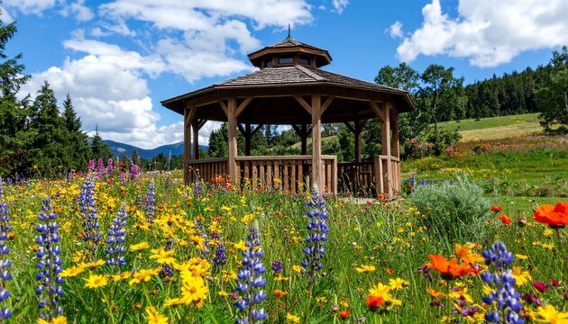 A traditional wooden gazebo stands nestled in a lush summer garden surrounded by green grass and blooming spring flowers under a clear blue sky