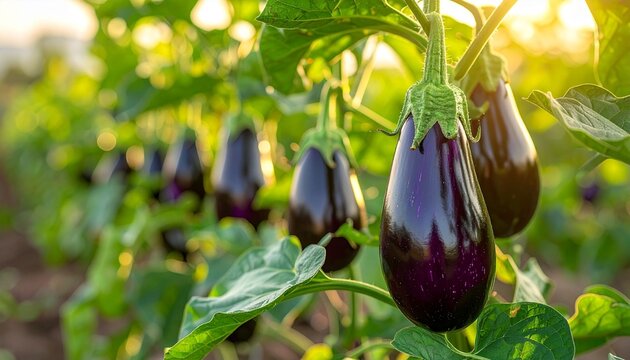 Fresh green and yellow flowers bloom beside ripe purple eggplant and organic vegetables in a lush garden, providing healthy raw ingredients straight from nature