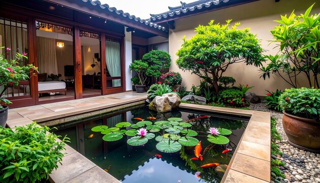 Old stone architecture and a wooden building wall frame a lush summer flower bed filled with vibrant plants and trees in a beautiful home garden